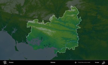 Vannes. Fransa 'nın idari alanı koyu renkli bir yükseklik haritasına vurgulandı ve özetlendi