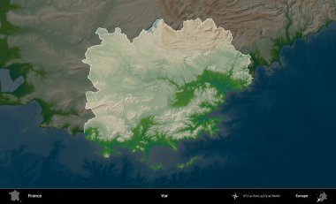 Var. Fransa 'nın idari alanı koyu renkli bir yükseklik haritasına vurgulandı ve özetlendi
