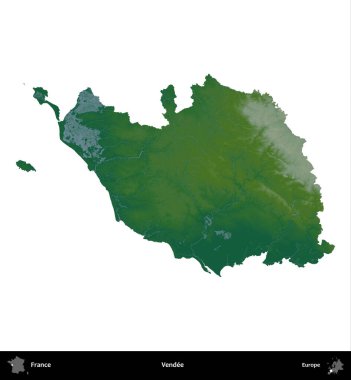 Vendee. Fransa 'nın idari bölgesi renkli bir yükseklik haritasında beyaza izole edilmiş
