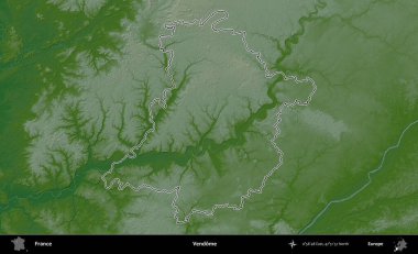 Vendome. Renkli bir yükseklik haritasında Fransa 'nın ana yönetim alanı belirtilmiş