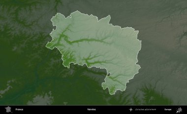 Vervinler. Fransa 'nın idari alanı koyu renkli bir yükseklik haritasına vurgulandı ve özetlendi
