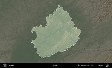 Vesoul. Fransa 'nın idari alanı koyu renkli bir yükseklik haritasına vurgulandı ve özetlendi