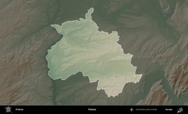 Vienne. Fransa 'nın idari alanı koyu renkli bir yükseklik haritasına vurgulandı ve özetlendi