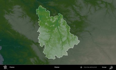 Vienne. Fransa 'nın idari alanı koyu renkli bir yükseklik haritasına vurgulandı ve özetlendi