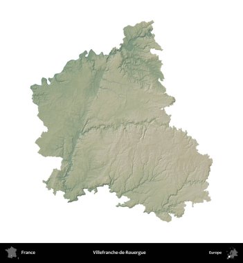 Villefranche-de-Rouergue 'da. Fransa 'nın idari bölgesi renkli bir yükseklik haritasında beyaza izole edilmiş