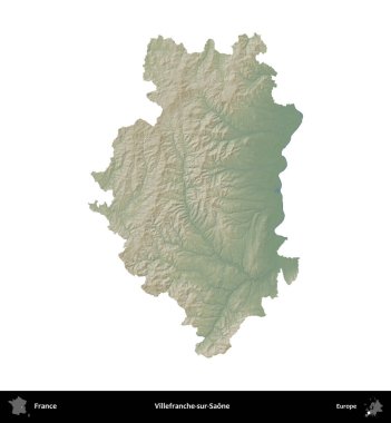 Villefranche-sur-Saone. Fransa 'nın idari bölgesi renkli bir yükseklik haritasında beyaza izole edilmiş