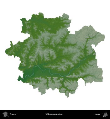 Villeneuve-sur-Lot. Fransa 'nın idari bölgesi renkli bir yükseklik haritasında beyaza izole edilmiş