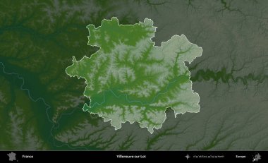 Villeneuve-sur-Lot. Fransa 'nın idari alanı koyu renkli bir yükseklik haritasına vurgulandı ve özetlendi