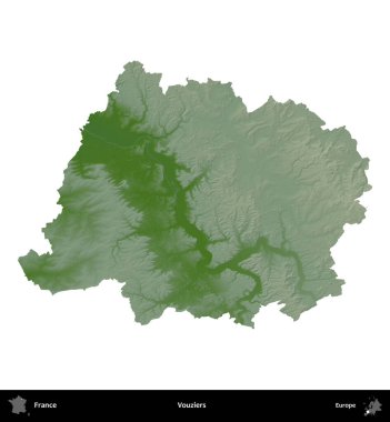 Vouziers. Fransa 'nın idari bölgesi renkli bir yükseklik haritasında beyaza izole edilmiş