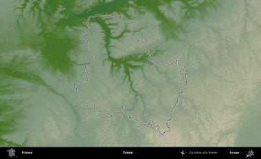 Yonne. Renkli bir yükseklik haritasında Fransa 'nın ana yönetim alanı belirtilmiş