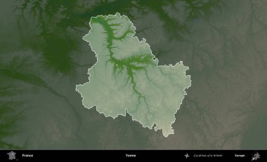 Yonne. Fransa 'nın idari alanı koyu renkli bir yükseklik haritasına vurgulandı ve özetlendi