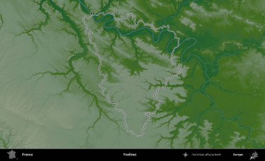 Yvelines. Renkli bir yükseklik haritasında Fransa 'nın ana yönetim alanı belirtilmiş