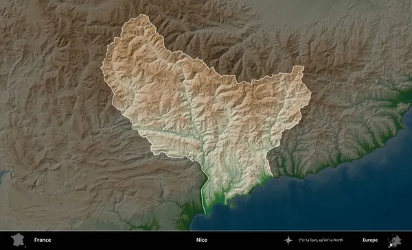 Güzelmiş. Fransa 'nın idari alanı koyu renkli bir yükseklik haritasına vurgulandı ve özetlendi