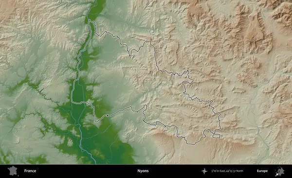 Nyons. Renkli bir yükseklik haritasında Fransa 'nın ana yönetim alanı belirtilmiş