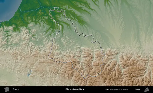 Oloron-Sainte-Marie. Renkli bir yükseklik haritasında Fransa 'nın ana yönetim alanı belirtilmiş