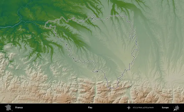 Pau. Renkli bir yükseklik haritasında Fransa 'nın ana yönetim alanı belirtilmiş