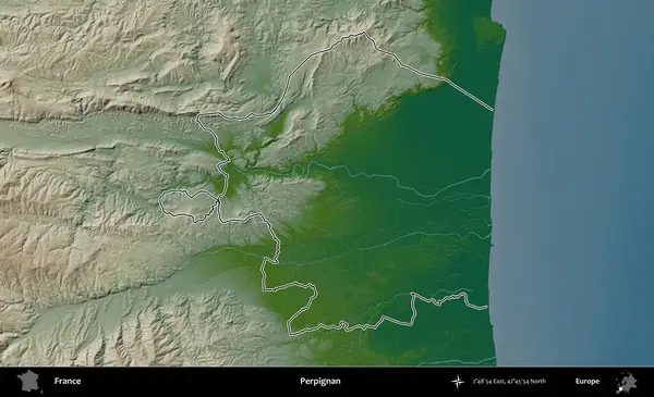 Perpignan. Renkli bir yükseklik haritasında Fransa 'nın ana yönetim alanı belirtilmiş
