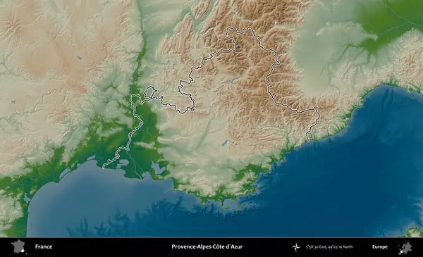 Provence-Alpes-Cote d'Azur. Renkli bir yükseklik haritasında Fransa 'nın ana yönetim alanı belirtilmiş