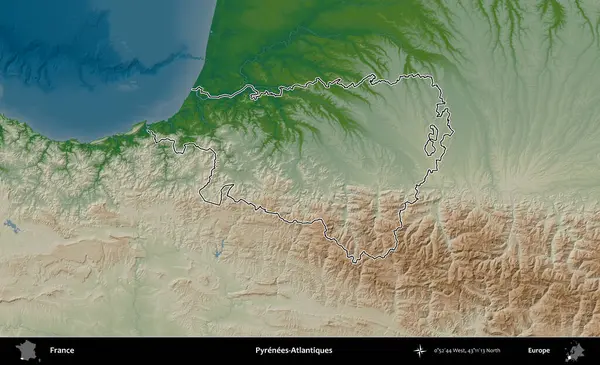 Pireneler-Atlantikler. Renkli bir yükseklik haritasında Fransa 'nın ana yönetim alanı belirtilmiş