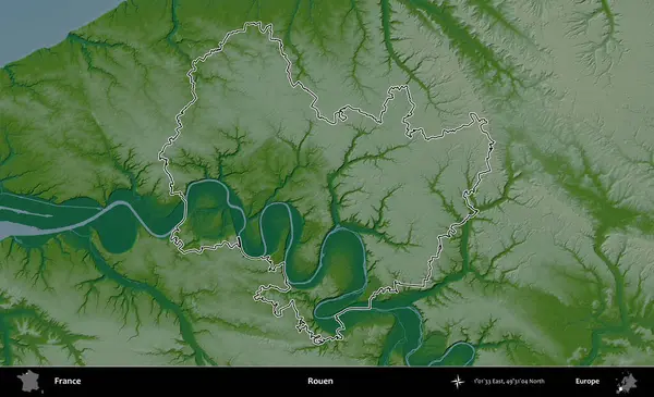 Rouen. Renkli bir yükseklik haritasında Fransa 'nın ana yönetim alanı belirtilmiş