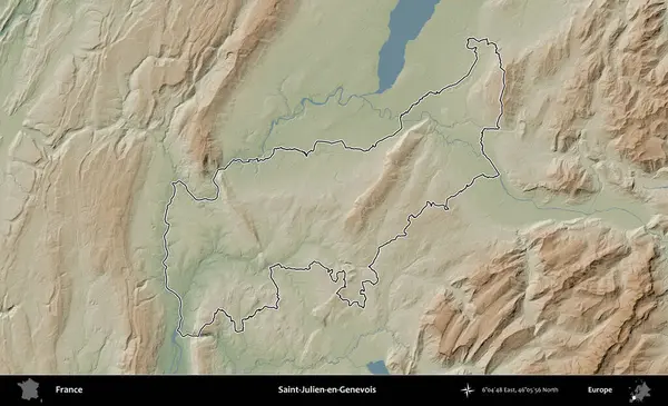 Saint-Julien-en-Genevois. Renkli bir yükseklik haritasında Fransa 'nın ana yönetim alanı belirtilmiş