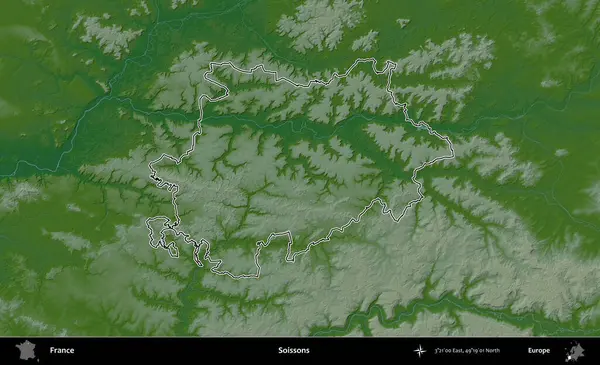 Soissonlar. Renkli bir yükseklik haritasında Fransa 'nın ana yönetim alanı belirtilmiş