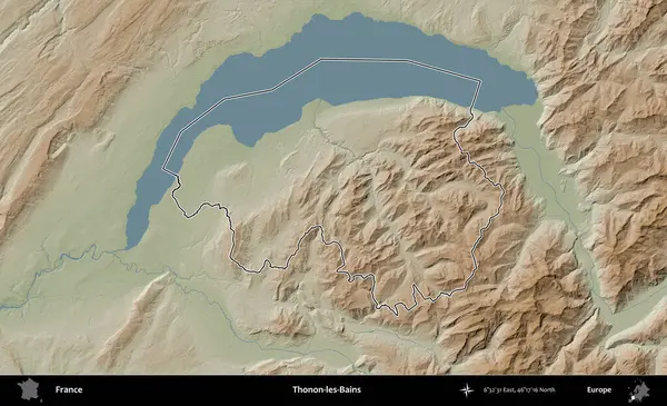 Thonon-les-Bains. Renkli bir yükseklik haritasında Fransa 'nın ana yönetim alanı belirtilmiş