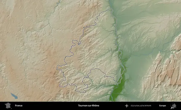Tournon-sur-Rhone. Renkli bir yükseklik haritasında Fransa 'nın ana yönetim alanı belirtilmiş