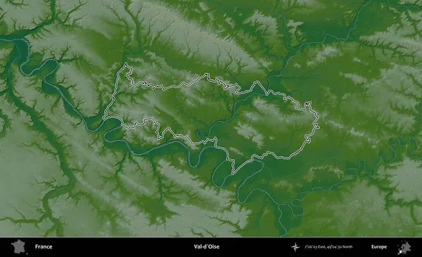 Val-d'Oise. Renkli bir yükseklik haritasında Fransa 'nın ana yönetim alanı belirtilmiş