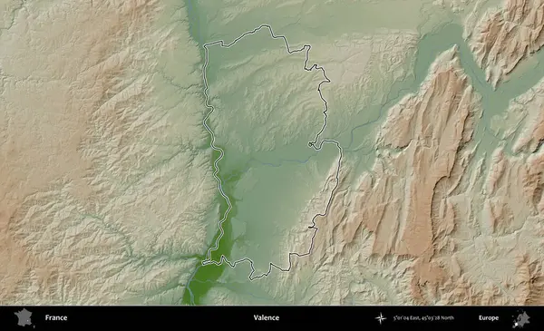 Valence. Renkli bir yükseklik haritasında Fransa 'nın ana yönetim alanı belirtilmiş