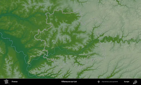 Villeneuve-sur-Lot. Renkli bir yükseklik haritasında Fransa 'nın ana yönetim alanı belirtilmiş