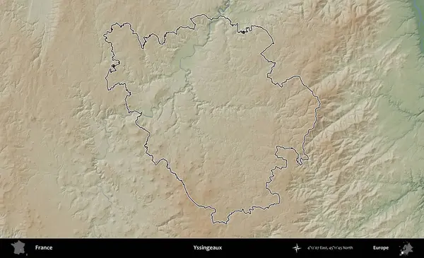 Yssingeaux. Renkli bir yükseklik haritasında Fransa 'nın ana yönetim alanı belirtilmiş