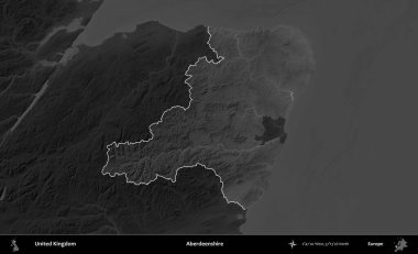 Aberdeenshire 'da. Birleşik Krallık 'ın idari alanı kararmış bir gri tonlama yükselme haritasına vurgulanmış ve özetlenmiştir