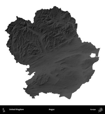 Angus. Birleşik Krallık 'ın idari alanı gri ölçekli yükseklik haritasında beyaza izole edildi