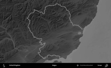 Angus. Birleşik Krallık 'ın gri ölçekli yükseklik haritasında özetlenmiş idari alanı