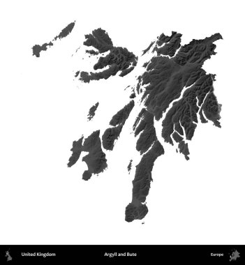 Argyll ve Bute. Birleşik Krallık 'ın idari alanı gri ölçekli yükseklik haritasında beyaza izole edildi