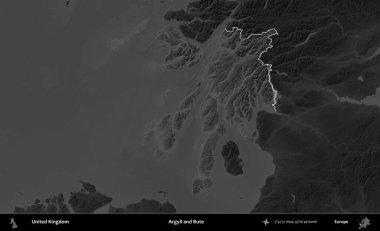 Argyll ve Bute. Birleşik Krallık 'ın idari alanı kararmış bir gri tonlama yükselme haritasına vurgulanmış ve özetlenmiştir
