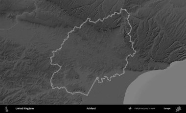 Ashford. Birleşik Krallık 'ın gri ölçekli yükseklik haritasında özetlenmiş idari alanı