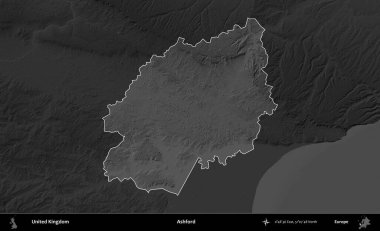 Ashford. Birleşik Krallık 'ın idari alanı kararmış bir gri tonlama yükselme haritasına vurgulanmış ve özetlenmiştir