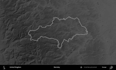 Barnsley. Birleşik Krallık 'ın gri ölçekli yükseklik haritasında özetlenmiş idari alanı