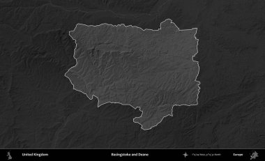 Basingstoke ve Deane. Birleşik Krallık 'ın idari alanı kararmış bir gri tonlama yükselme haritasına vurgulanmış ve özetlenmiştir