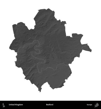 Bedford. Birleşik Krallık 'ın idari alanı gri ölçekli yükseklik haritasında beyaza izole edildi