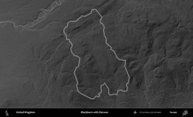 Blackburn ve Darwen. Birleşik Krallık 'ın gri ölçekli yükseklik haritasında özetlenmiş idari alanı