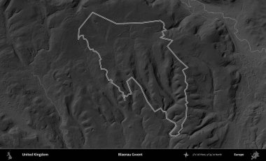 Blaenau Gwent. Birleşik Krallık 'ın gri ölçekli yükseklik haritasında özetlenmiş idari alanı