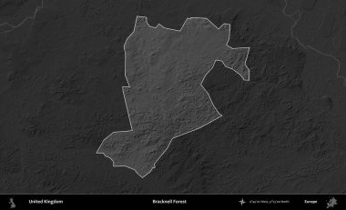 Bracknell Ormanı. Birleşik Krallık 'ın idari alanı kararmış bir gri tonlama yükselme haritasına vurgulanmış ve özetlenmiştir