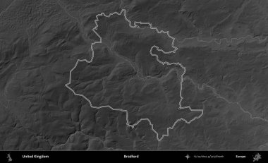 Bradford. Birleşik Krallık 'ın gri ölçekli yükseklik haritasında özetlenmiş idari alanı
