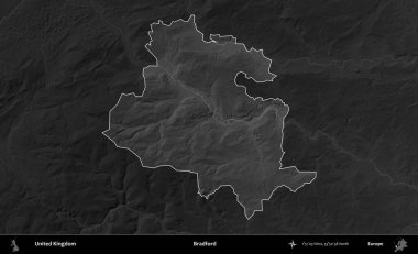 Bradford. Birleşik Krallık 'ın idari alanı kararmış bir gri tonlama yükselme haritasına vurgulanmış ve özetlenmiştir