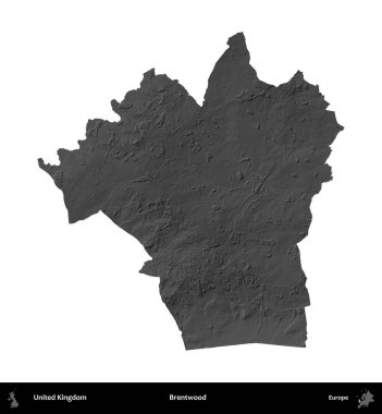 Brentwood 'da. Birleşik Krallık 'ın idari alanı gri ölçekli yükseklik haritasında beyaza izole edildi