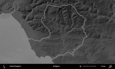 Bridgend. Birleşik Krallık 'ın gri ölçekli yükseklik haritasında özetlenmiş idari alanı
