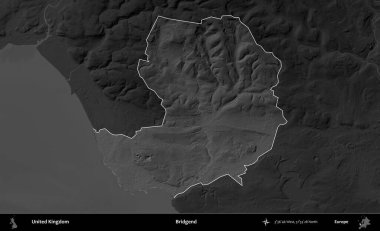 Bridgend. Birleşik Krallık 'ın idari alanı kararmış bir gri tonlama yükselme haritasına vurgulanmış ve özetlenmiştir